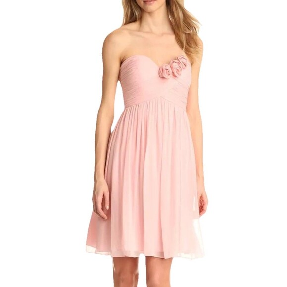 Donna Morgan Baby Pink Silk Chiffon Strapless Rosettes Flare Dress 6 Balletcore - Picture 1 of 6